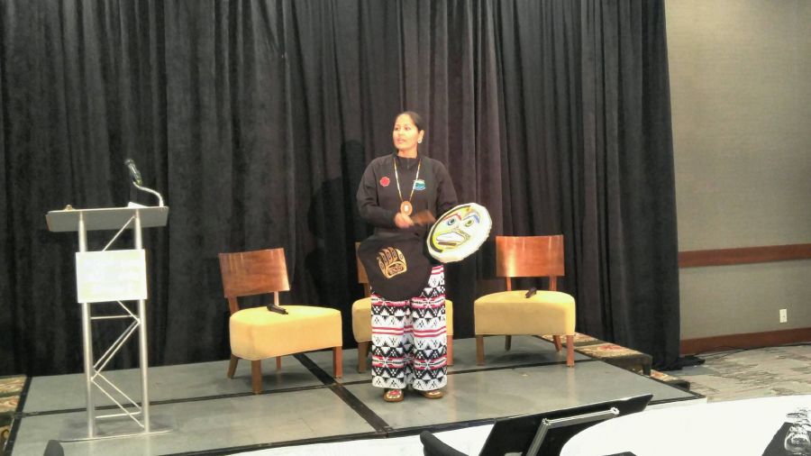 <who>Photo Credit: NowMedia </who>Penticton Indian Band interpreter Anona Kampe sang The Okanagan Song to kick off Thursday's conference.