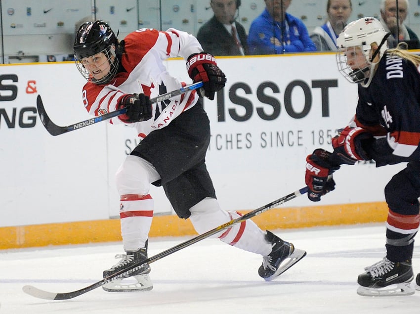 <who>Photo Credit: Lorne White/KelownaNow.com </who>Laura Fortino scored the lone Canadian goal early in the third period on a powerplay.