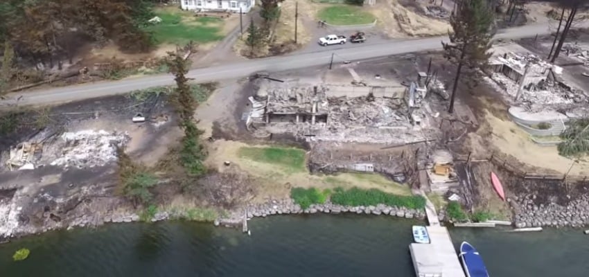 Damage in Loon Lake caused by the Elephant Hill wildfire. Photo Credit: Thompson Nicola Regional District drone footage.