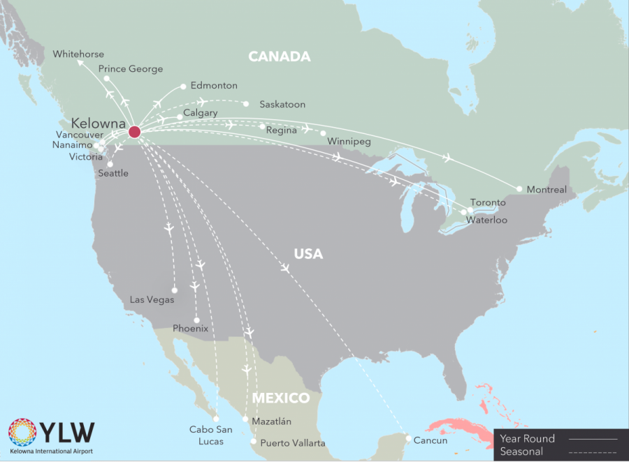 </who>This map shows all the non-stop destinations from Kelowna International Airport.
