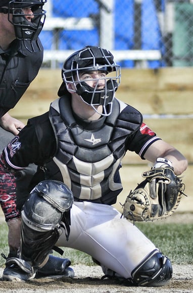 <who>Photo Credit: Lorne White/KelownaNow </who>Jake Fischer caught all four games and contributed eight hits <br>against the U of C Dinos.