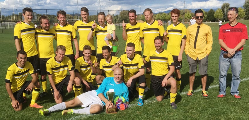 <who>Photo Credit: Contributed </who>A 3-0 upset victory over Dortmund earned the Soccer United B team the KMSL’s Division 2 playoff title. United (9-7-2) had finished in a tie for second place in the regular season with Stucco Surgeon Euro FC — 17 points behind Dortmund. Members of the United team are, from left, front: Jeff Coles. Middle: Arvin Nikseresht, Ryan Thurnheer, Alex Barker, Harry Dosanj, Sean McMechan and Giovani Gallicano. Back: Ayden Ledding, Tyler Lalande, Ben O'Neill, Alex Banfield, Tom Gaymer, Matt Ingram, Andrew Wassenaar, Greyden Girouard, Lewis Morris (coach) and Walter Morelj (sponsor). Missing: Freddie Banfield, Edward Banfield, Jacob Paul and Hunter McMorran.