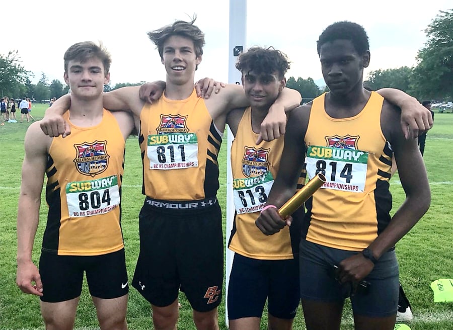 <who>Photo Credit: Contributed </who>The KSS Owls team ran to gold in the junior 4x100 final. Members of the gold-medal foursome are, from left: Noah Gross, Caeleb Schlachter, Aidan Vint and Xavier Webb.