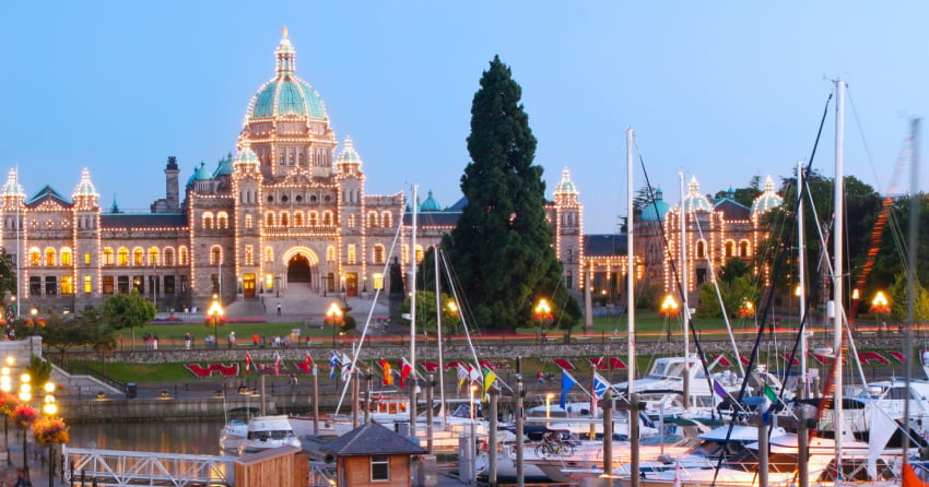 <who> Photo Credit: 123rf </who> The front fountain and ceremonial entrance at the BC Legislature in Victoria will also be lit up red and white.