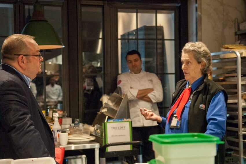 <who> Photo Credit: Earls Restaurants. </who> Dr. Temple Grandin with Earls meat buyer, Dave Bursey in the Vancouver Test Kitchen.