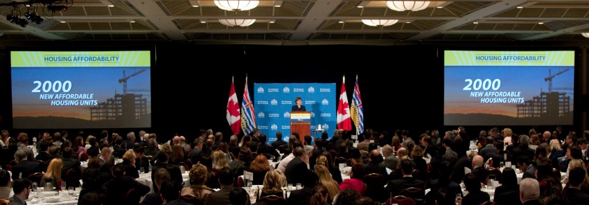 The Premier speaking on the budget in Vancouver on Wednesday.
