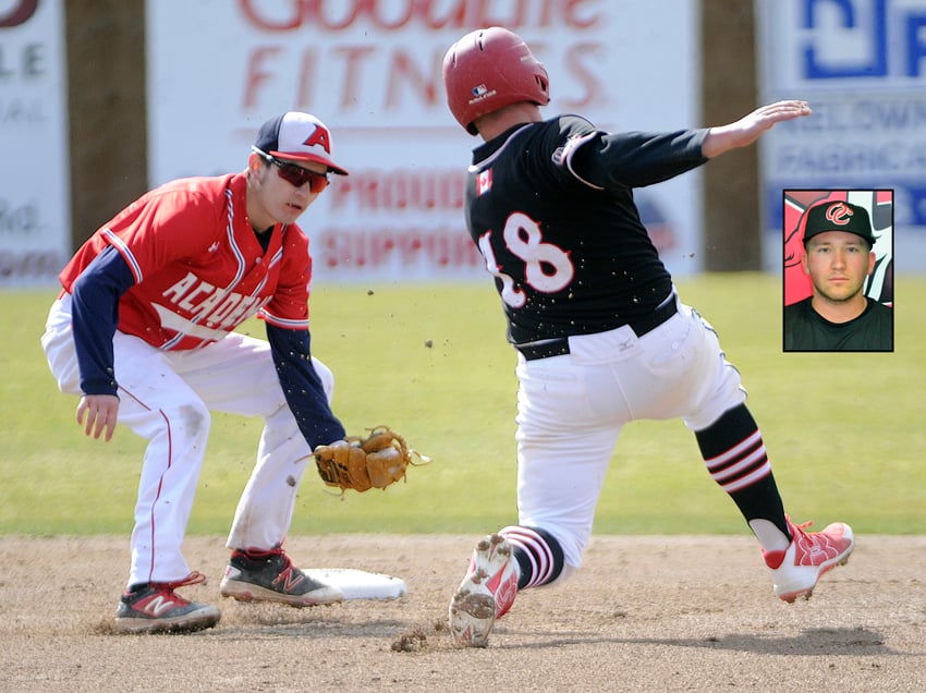 <who>Photo Credit: Lorne White/KelownaNow </who>OC's Brandon Graham tries unsuccessfully to avoid a tag from PBA's Ethan Kano-McGregor. Earlier on the weekend, Graham drove in a pair of runs to give the Coyotes an 8-7 win.