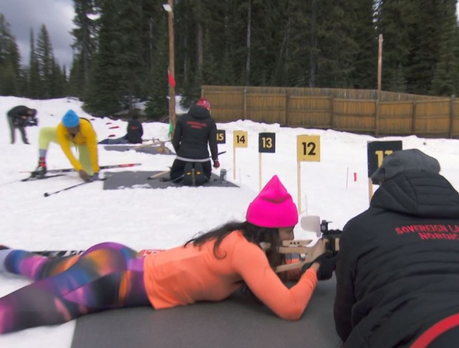 <who>Photo Credit: Screenshot</who>Teams try their luck in biathlon at Sovereign Lake Nordic Club.