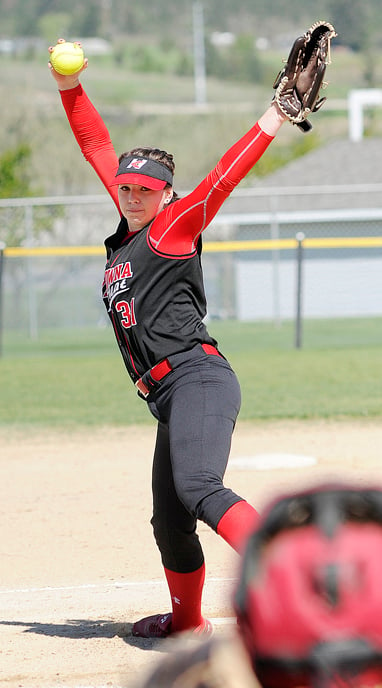 <who>Photo Credit: Lorne White/KelownaNow </who>Heat's Ann Marie Crandlemire winning pitcher in final two games.