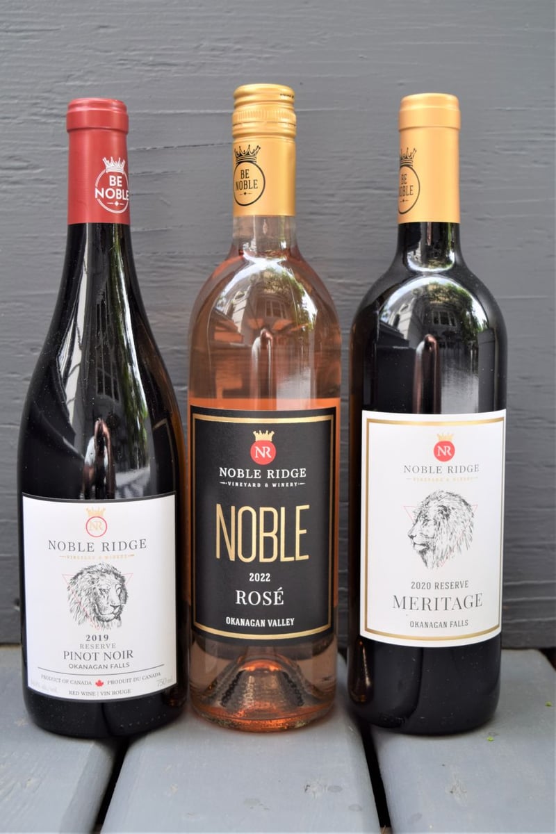 </who>Noble Ridge Winery in Okanagan Falls is celebrating 20 vintages with new releases, including, from left, the 2019 Reserve Pinot Noir ($35), 2022 Rose ($25) and 2020 Reserve Red Meritage ($43).