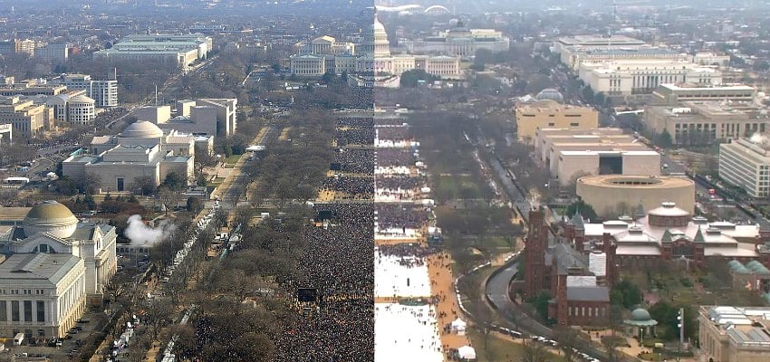 <who> Photo Credit: Facebook. </who> The photo compares Obama's inauguration (left) in 2009 to Trump's inauguration (right) in 2017.