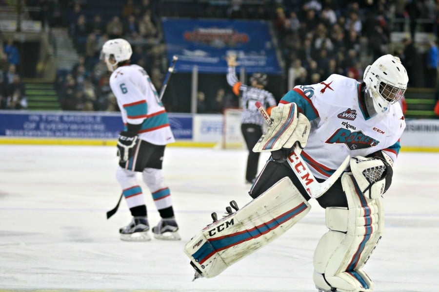 <who>Photo Credit: KelownaNow</who>Herringer was solid in net for the Rockets and faced 76 T-Birds' shots.