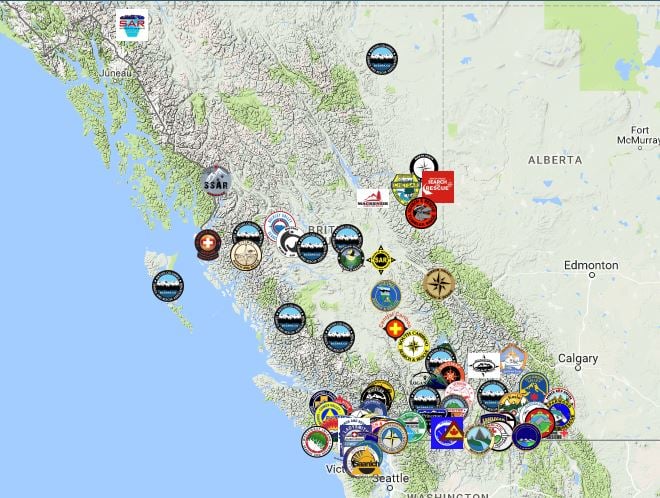 <who> bcsara.com, Google Maps </who> overview of search and rescue groups in B.C. 