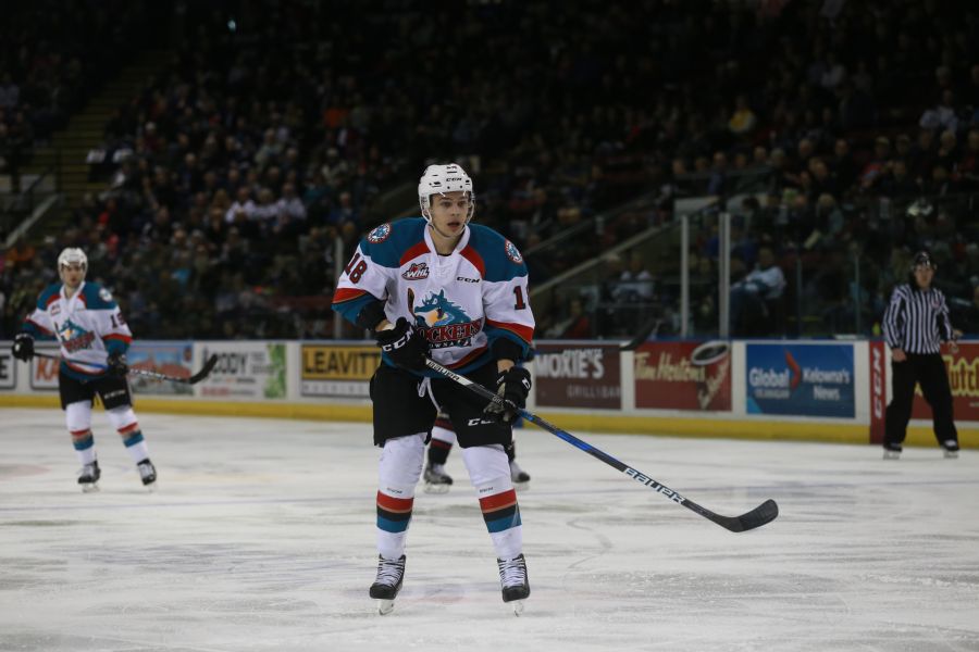 <who>Photo Credit: KelownaNow</who>Carsen Twarysnki had two assists in the first period and had an all around strong physical game.