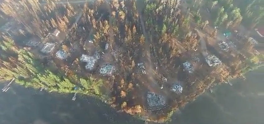 Wildfire damage in Pressy Lake. Photo credit: TNRD drone footage.