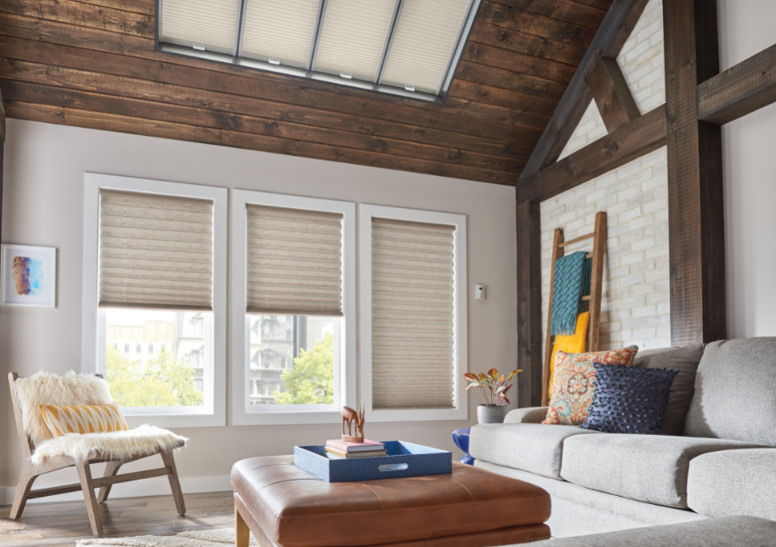 <who>Photo Credit: Budget Blinds Kamloops</who>Pleated shades are easy to control and ideal for keeping kids and pets away from risky cords.
