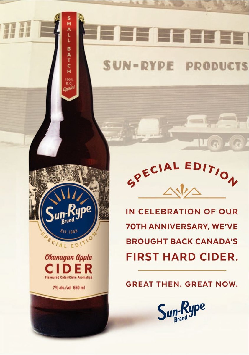 <who> Photo Credit: SunRype Products </who> The retro design for SunRype's new hard apple cider uses an adaptation of the original SunRype logo, circa 1946.