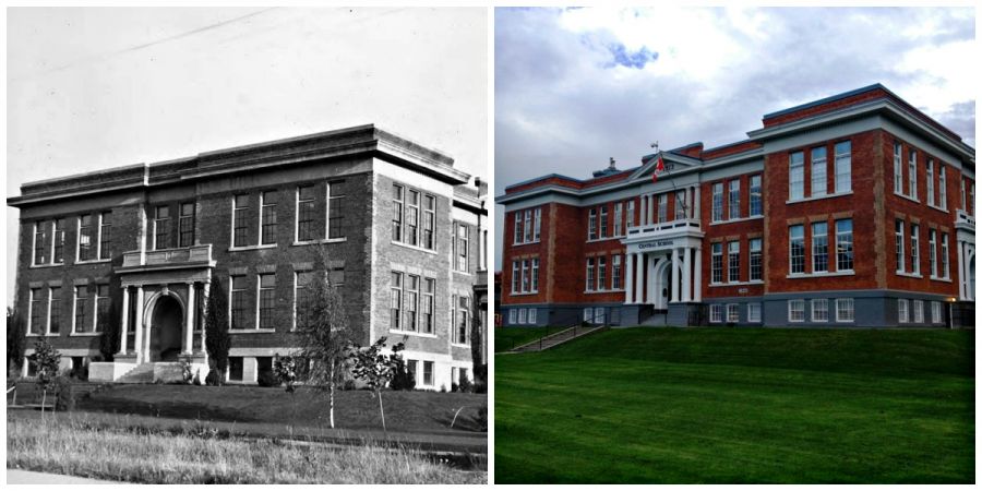 <who>Photo Credit: Old Kelowna/Central Okanagan Heritage Society</who> Central School, constructed in 1913 due to rapid population growth after the first World War, sits directly across Richter Street from the Central Green development. These photos show Central School as it was in 1921, and as it is today.