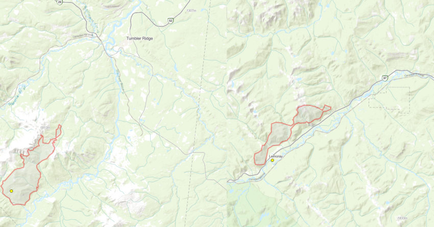 <who> Photo Credit: BCWS</who> The Tentfire Creek wildfire on the left and the Pine Rive wildfire on the right.