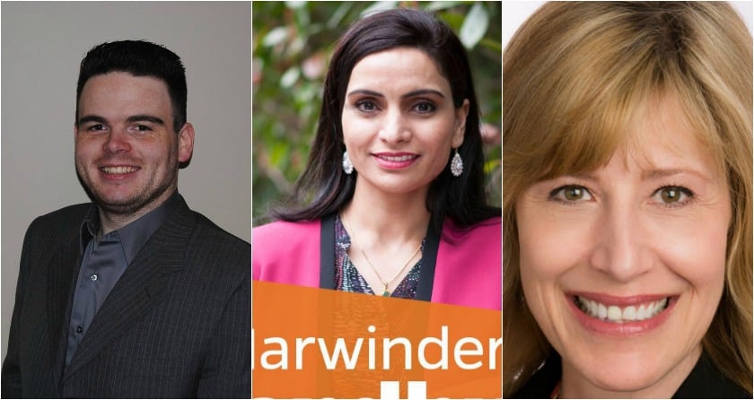 <who> BC NDP </who> (from left to right) Erik Olesen, Hardwinder Sandhu, Shelley Cook