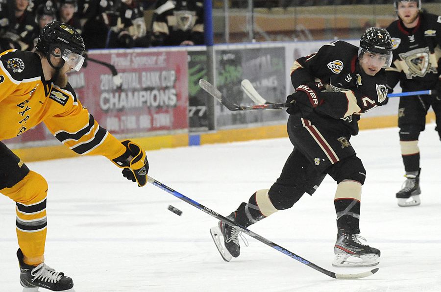 The West Kelowna Warriors' Colby Elmer follows through on a shot in the first period against the visiting Coquitlam Express.