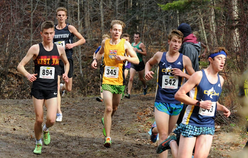 <who>Photo Credit: Lorne White/KelownaNow </who>Turner Woodruff (542) and Owen Harris (543) of the Okanagan Mission Huskies finished 20th and 26th respectively in the senior boys race while Dayton Bath (345) of KSS placed 24th among 222 runners.