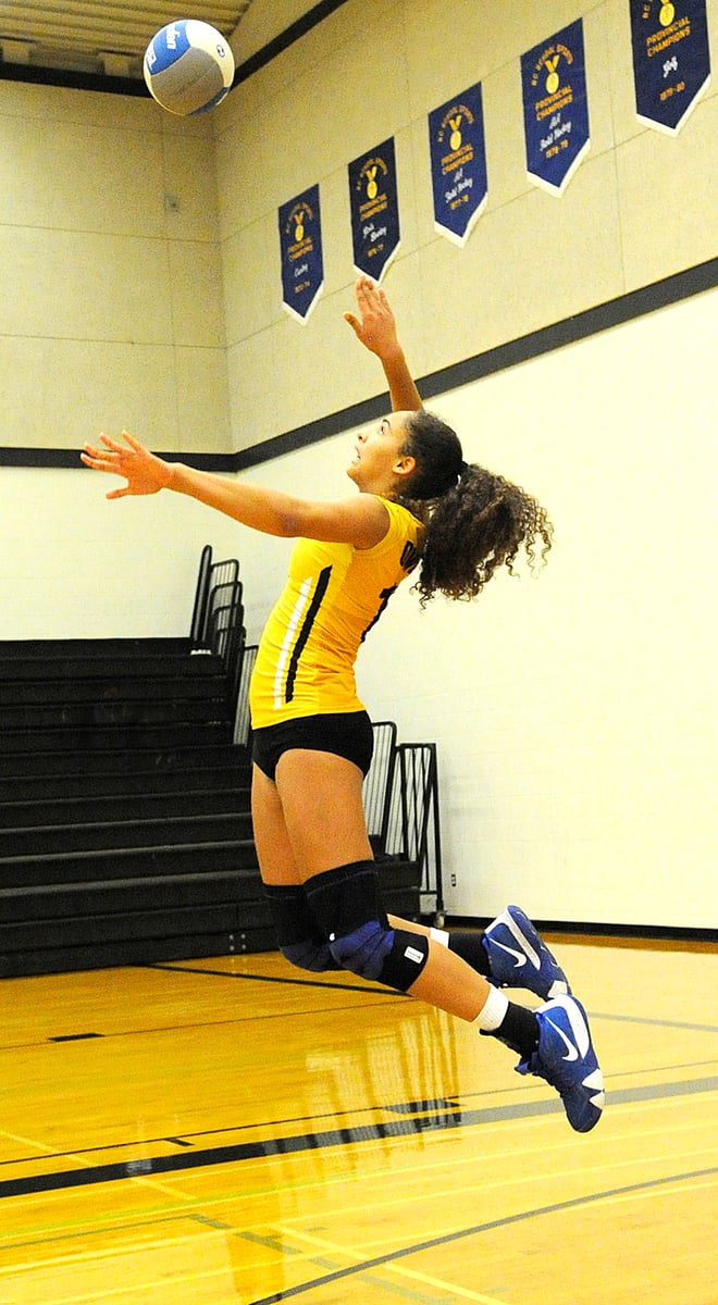 <who>Photo Credit: Lorne White/KelownaNow </who>Anya Pemberton of the KSS Owls serves to the George Elliot Coyotes in quarter-final play.
