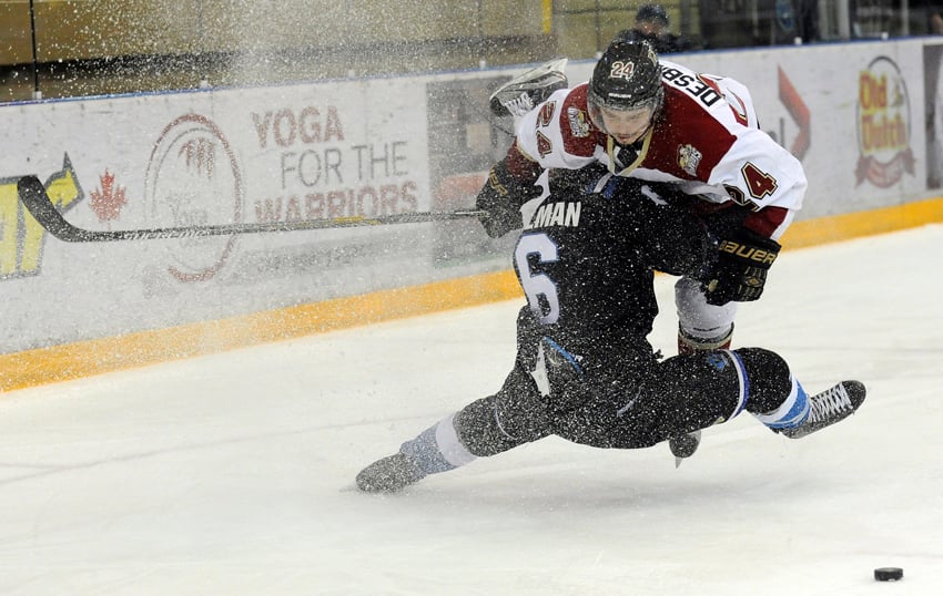 <who>Photo Credit: Lorne White/KelownaNow</who>Jonathan Desbiens, the Warriors' leading scorer, has moved on to the Bentley University.