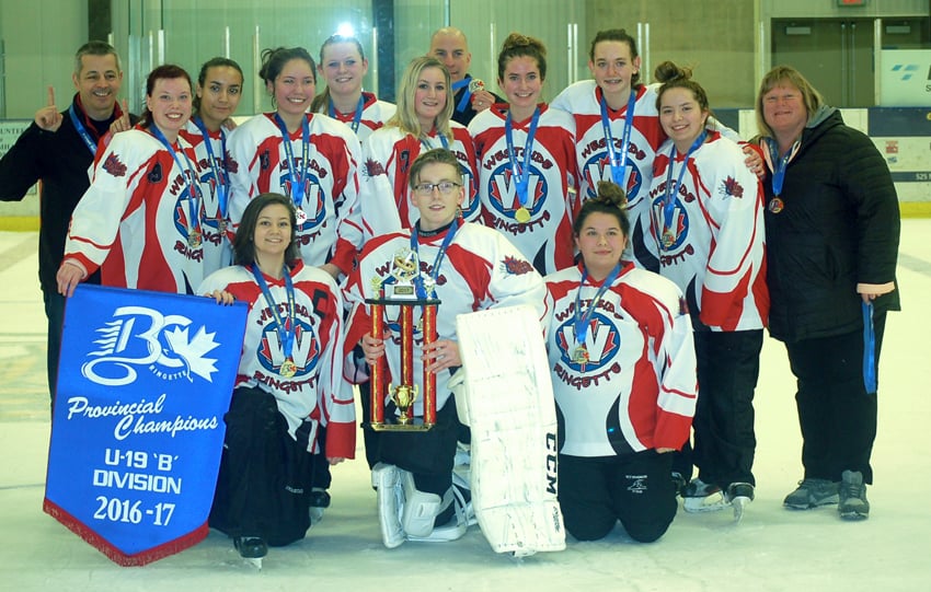 <who>Photo Credit: Contributed </who>The Westside Heat won five games, lost one and tied another on the way to a Ringette BC under-19B championship in Port Coquitlam on the weekend. Members of the championship team are, from left, front: Dakota Roy, Nick Csek and Cheyenne McCallum. Back: Ray Roy (coach), Shyla McMullen, Tessa Wotherspoon, Sadie Clough, Sydnie McCann, Maci Dyck, Mike Dyck (co-coach), Erin Brown, Emma Girard, Destiny McCallum, Loreen McCann (manager). Missing: Kersty Ensign.