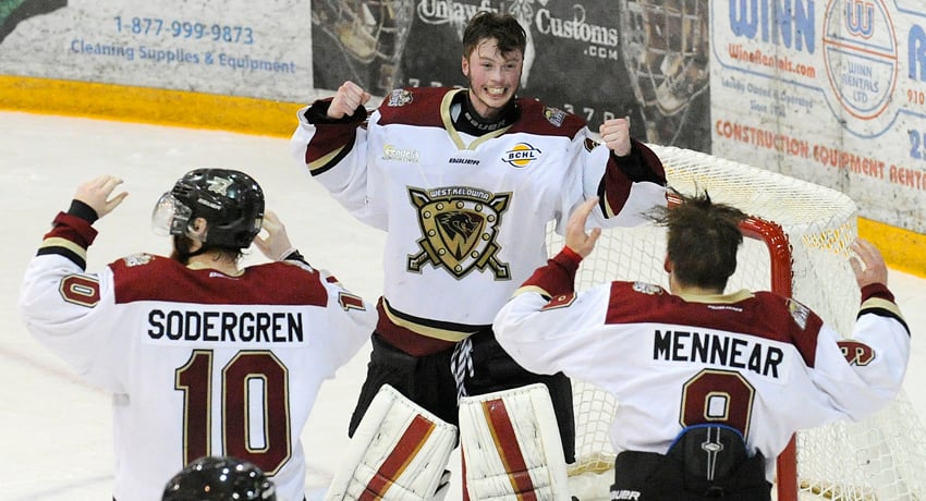 <who>Photo Credit: Lorne White/KelownaNow </who>Keelan Williams was perfect in the Warriors' net, stopping all 32 Brooks shots he faced.