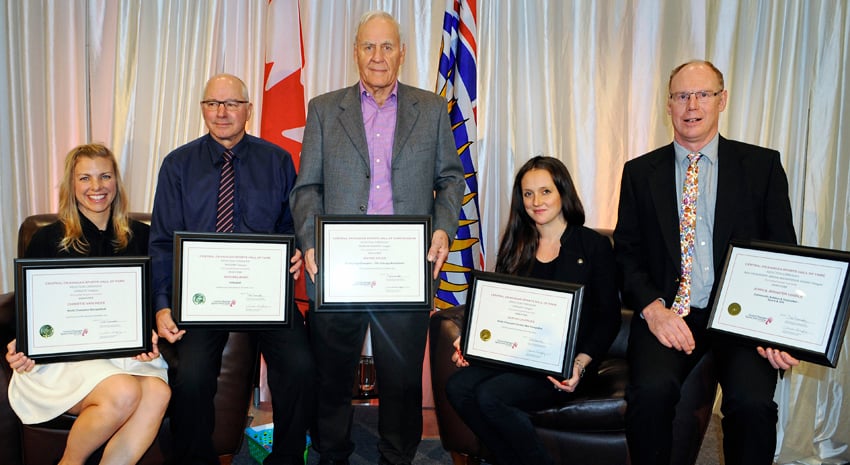<who>Photo Credit: Lorne White/KelownaNow </who>The Central Okanagan Sports Hall of Fame welcomed its 2015 inductees on Thursday at the eighth annual gala breakfast at the Coast Capri Hotel. From left are Christie Van Hees, Rod Belinski, Warren Hicks (standing in for brother Wayne), Sarah Charles and Dan Hindle (son of Bennett Award winners John and Jennifer Hindle).