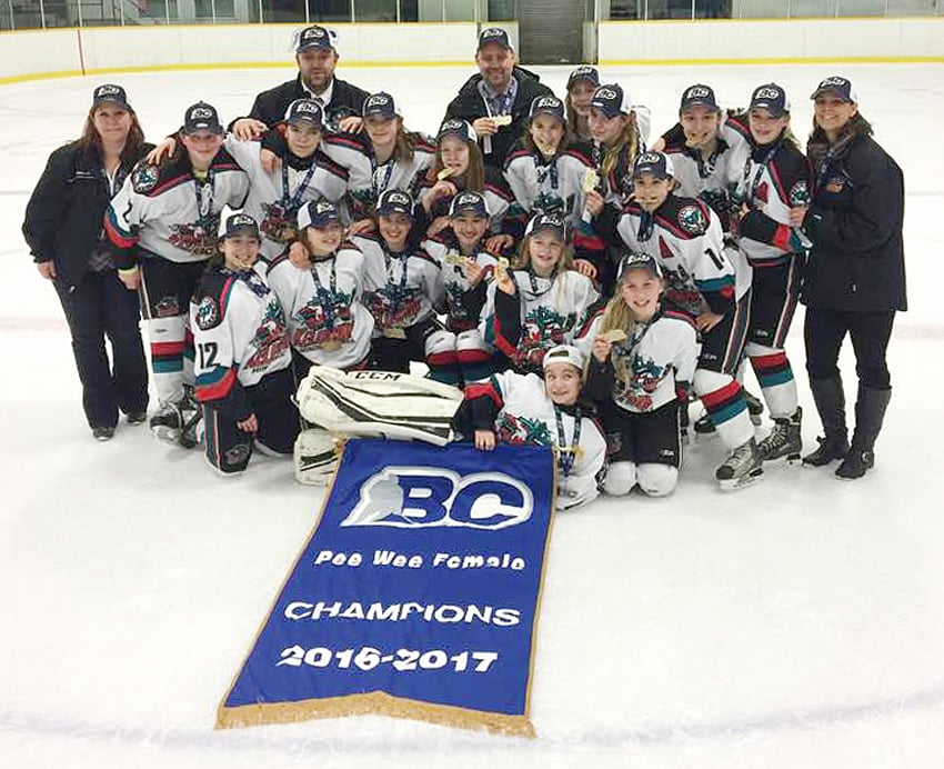 <who>Photo Credit: Contributed </who>The Kelowna Rockets won five games and tied on the way to winning the gold medal at the BC Hockey peewee female championship in Surrey during the first week of Spring Break. Members of the Kelowna Minor Hockey Association team are, from left, front: Ally Wark. Second row: Camille Arellano, Addison Cousins, Calli Dunsmore, Jada Leung, Emma Chater and Avery King. Third row: Jozn Wickert, Tyra Rocha, Kaedence Mollin, Kaelin Foster, Kylee Prentice, Sydney Roberts, Taylar Janicki, Carolyn Leone, Bryn England and Grace Poynter. Back: Leanne Foster (manager), Kevin England (head coach), Jason Roberts (assistant coach) and Tanya Leone (assistant coach).