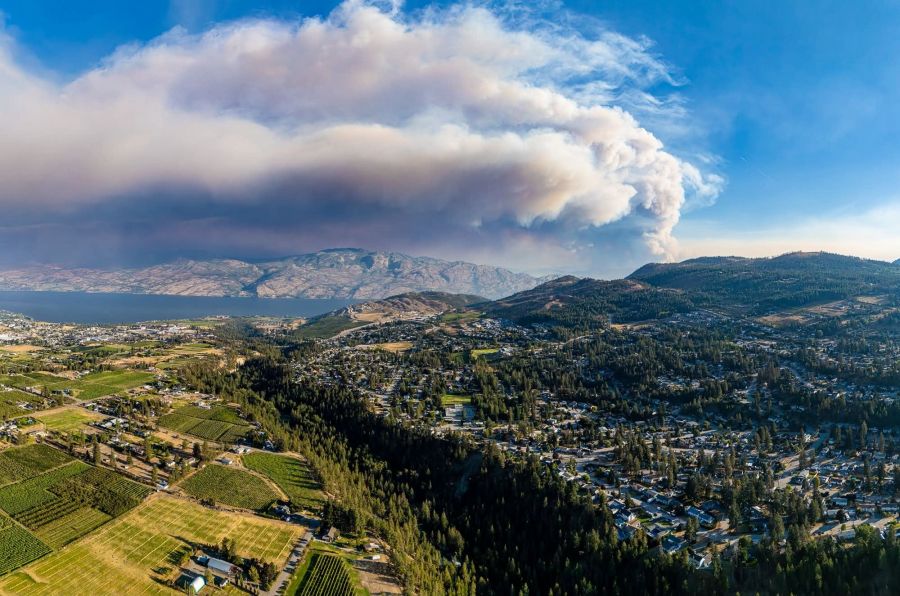 <who>Photo Credit: Landon Hemmes</who>A drone view of the fire from the Glenrosa area in West Kelowna.