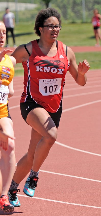 <who>Photo Credit: Lorne White/KelownaNow </who>Kenaysha Lyder of Dr. Knox ran to first place in the 100 metres.