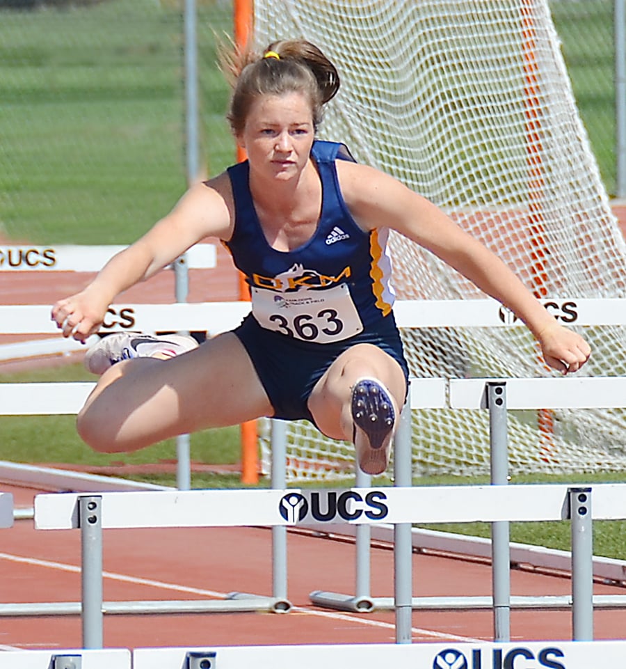 <who>Photo Credit: Angie Mckenzie </who>Muriel Stroda of the OKM Huskies won three events and set an Okanagan record in the hurdles.