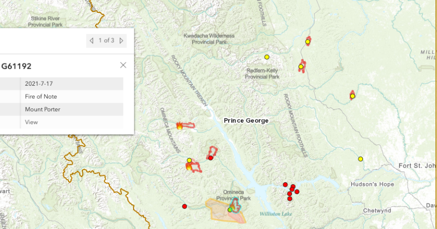 <who> Photo Credit: BCWS / Location of the Mount Porter, Black Pine and Forres Mountain wildfires