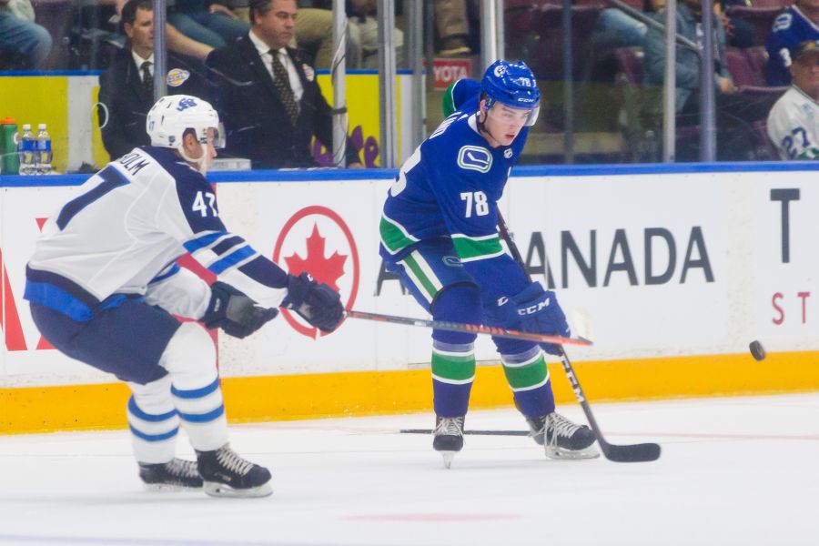 <who>Photo Credit: NowMedia </who>The top prospects for the Vancouver Canucks made it a clean sweep over the prospects for the Winnipeg Jets with a 6-4 victory Sunday afternoon at the SOEC in Penticton. The Canucks prospects won game one Friday night 8-2.