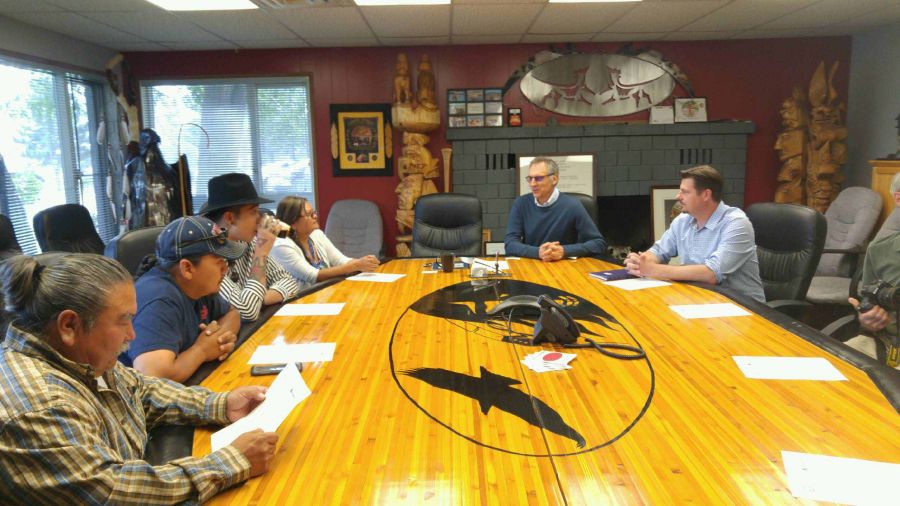 <who>Photo Credit: PentictonNow </who>Senior management from Interfor, one of North America's largest forestry companies, signed a working partnership MOU with the Penticton Indian Band on Wednesday. Chief Chad Eneas and several members of the PIB were on hand for the signing.