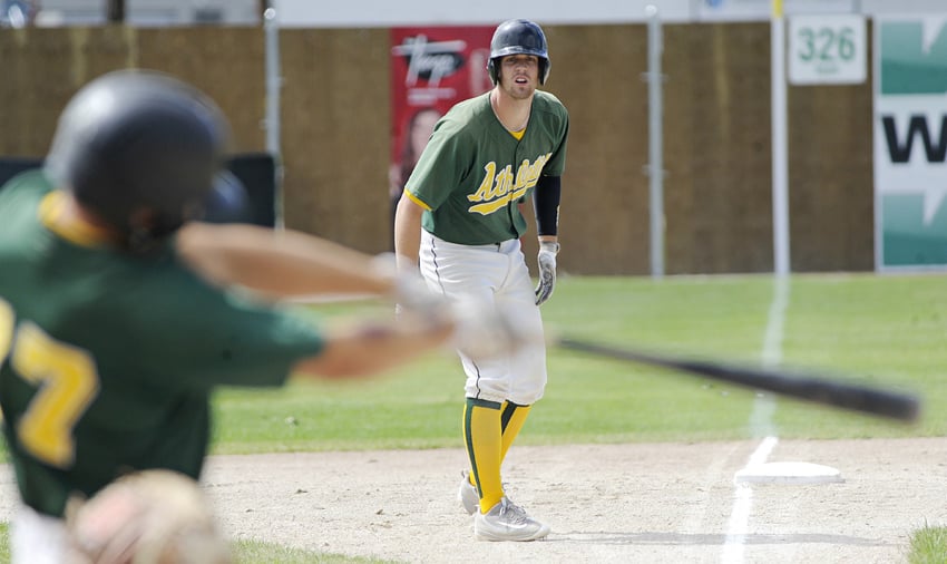 <who>Photo Credit: Lorne White/KelownaNow </who>Trevor Lofstrom hit a double and triple in the A's 10-0 win in the first game vs Trail.