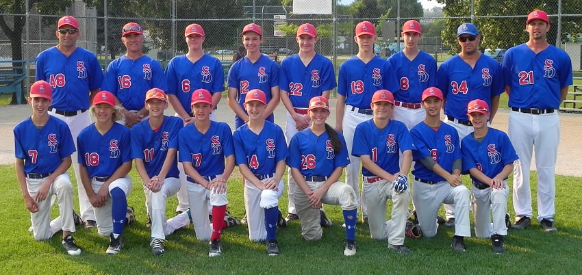 The Kelowna Sun Devils are representing the Central Okanagan Minor Baseball Association at the B.C.15U (Bantam) AA provincial championship tournament in Ladner. Members of the team are, from left, front: Leon Johns, Reed McLennan, Cooper Aylard, Brandon Hall, Ty Oleksyn, Amelia Russo, Ryan Gillberg, Julian Pearson and Noah Dockrill. Back: Robert Russo (coach), Spencer McLennan (assistant coach), Owen Reynolds, Brady LeGuilloux, Noah Bligh, Logan Burke, Leyland Vucinovic, Derek Oleksyn (assistant coach) and Pat Aylard (assistant coach).