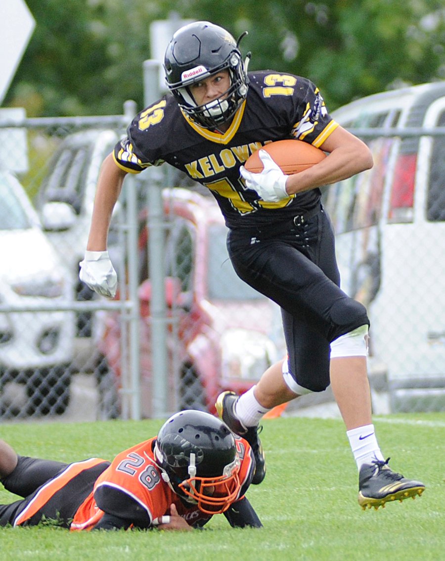 <who>Photo Credit: Lorne White/KelownaNow </who>The speedy Caeleb Schlachter among top receivers in the province.