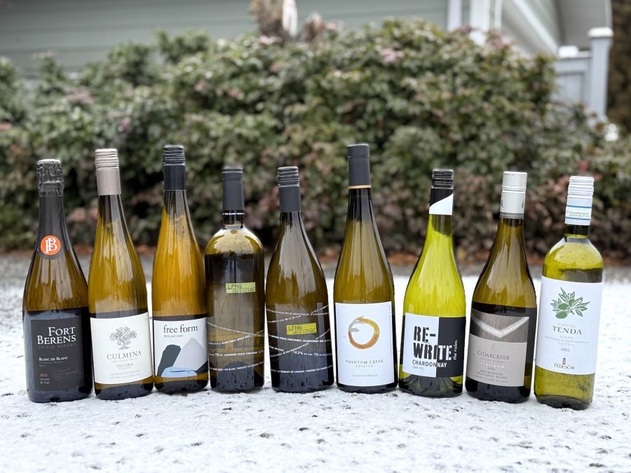</who>Sorry the bottles are a little crooked in this picture. But, it doesn't change the fact this is quite the line up of winter whites. From left, Fort Berens Blanc de Blanc 2022 Sparkling ($40), Culmina Decora 2021 Riesling ($25), Free Form 2020 Riesling ($37), Laughing Stock 2023 Blind Trust White ($33), Laughing Stock 2022 Chardonnay ($32), Phantom Creek 2022 Chardonnay ($40), De Bortoli Re-Write the Rules Chardonnay ($21), CedarCreek Platinum Sauvignon Blanc 2024 ($42) and Tedeschi Capitel Tenda Soave 2022 ($25).