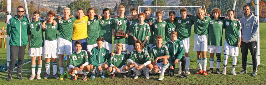 <who>Contributed </who>The Immaculata Mustangs recorded three shutout victories on the way to their fourth Okanagan Valley senior A boys soccer championship in Kamloops. Members of the pennant winners are, from left, front: Diego Sanchez, Gabe Uhrich, Patrick Donovan, Reid Herron, Ben Misfeldt and Jacob Macdonnell. Back: Coach Drummond, Ben Prehofer, Jose Nieves, Josh Misfeldt, Nik Federko, Jordan Luck, Lucas Monz, Nathan Holroyd, Andrew Gorges, Raiden Freire, Jayden Podmoroff, Nick Macdonnell, David Eziekwu, Justin Ziebart, Calvin Thalheimer, Nate Portz, Lucas Hicklin and Coach Freire.