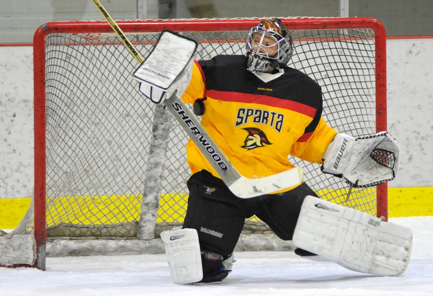 <who>Photo Credit: Lorne White/KelownaNow </who>Sparta's Shane Mainprize earned the win in goal in both weekend games against Powell River.