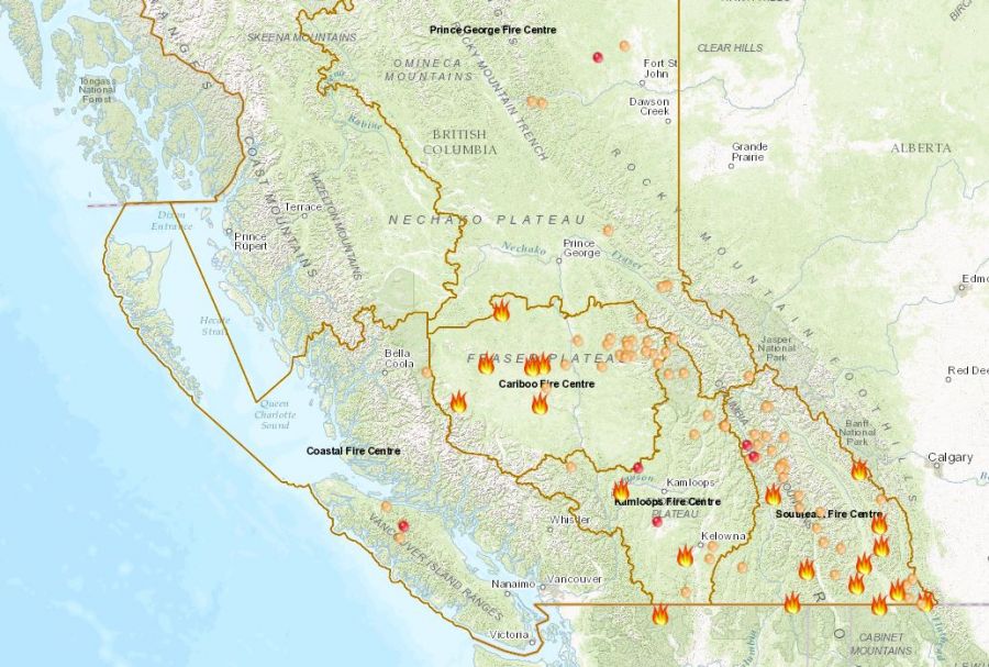 <who>Photo Credit: BC Wildfire Service</who>A map of forest fires in Central B.C. as of 6:30 a.m. on Wednesday, September 13th.