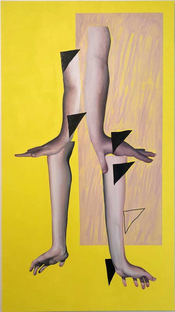 <who>Connor Charlesworth, Push Up, Yellow, 2020, oil on canvas, 68 x 38 in. Courtesy of the Artist.
