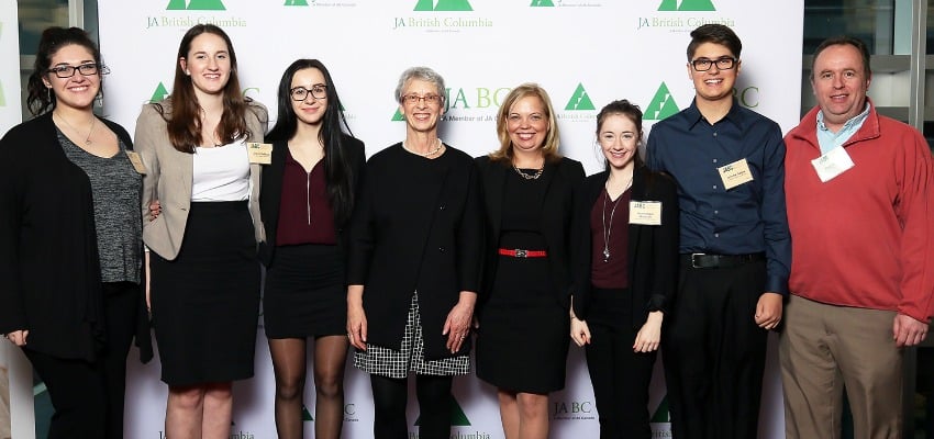 <who> Photo Credit: JABC Innovation Jam </who> The winning students from Kelowna Secondary School with Jan Bell-Irving, President & CEO, JABC (centre-left), and Coralee Oakes, Minister of Small Business and Red Tape Reduction (centre-right)