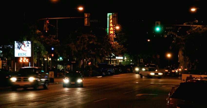 <who>Photo Credit: Flickr</who> Downtown Kelowna at night.