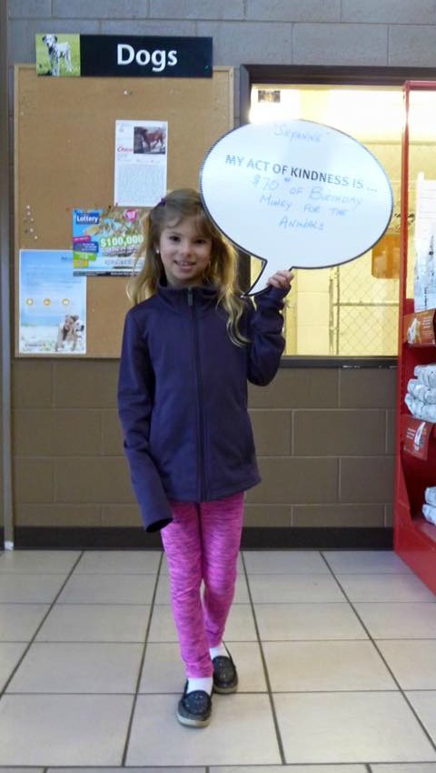 <who> BC SPCA. </who> Peyton donated $70 from her 10th birthday to the animals at the Kelowna Branch.