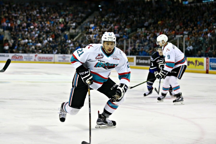 <who>Photo Credit: KelownaNow</who>He's had his ups and downs in the post-season, but defenceman Devante Stephens played a strong game at both ends of the ice on Sunday, and did the dirty work on the Rockets' second goal.